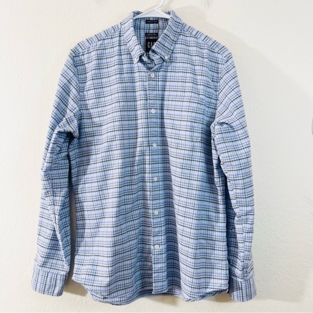 Gap Standard Fit Stretch Cotton Blend Plaid Button Down Shirt Men M Purple/Blue